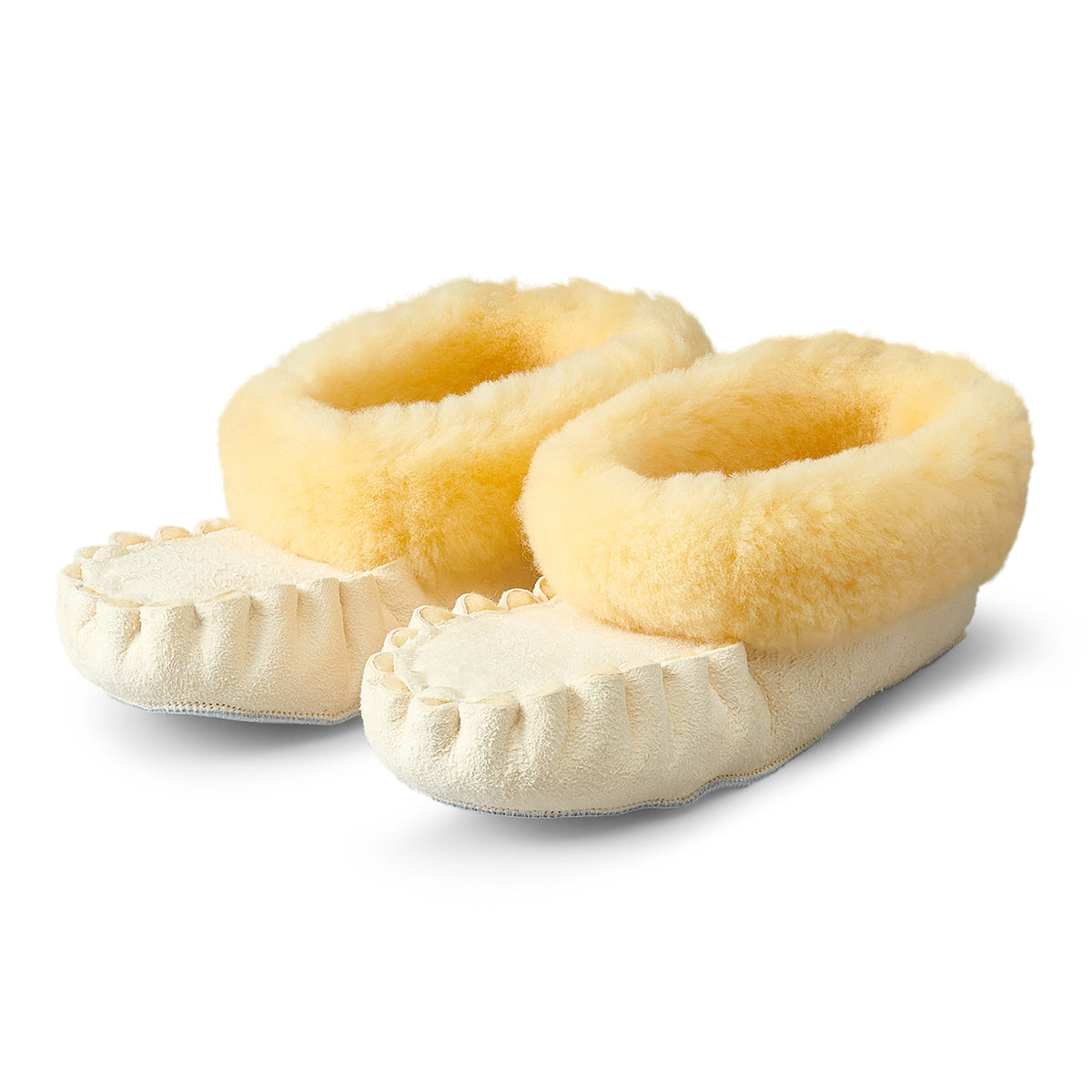 Neuenschwander Lammfell Finken Mokassin Hausschuhe beige gold Vorderansicht