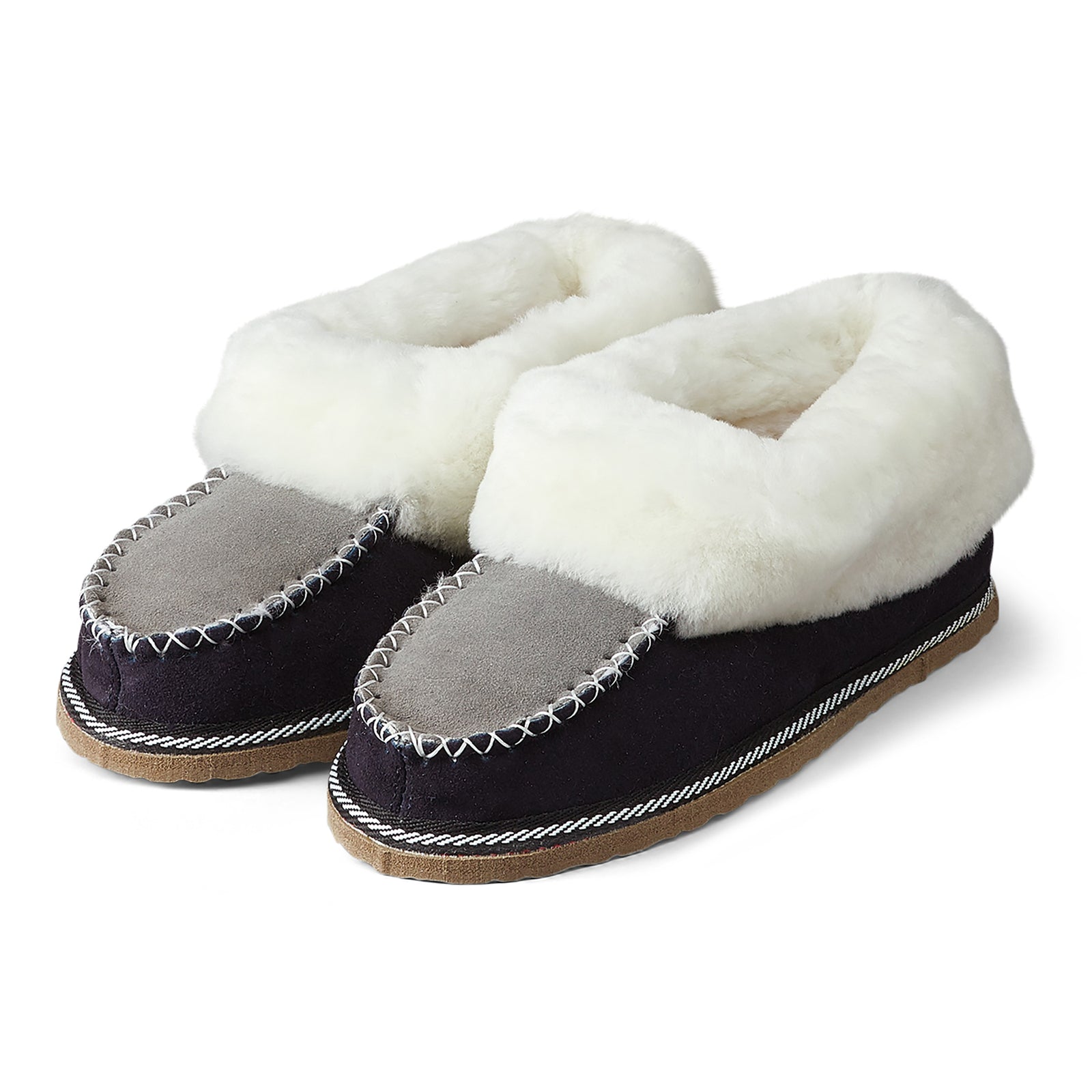 Neuenschwander Lammfell Hausschuhe Gummisohle blau weiss Vorderansicht