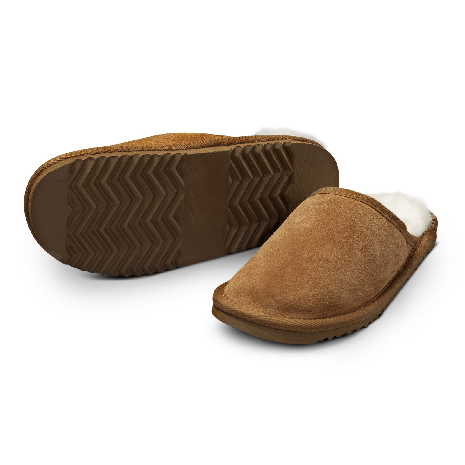 Neuenschwander Hausschuhe Lammfell braun, Unteransicht und Vorderansicht