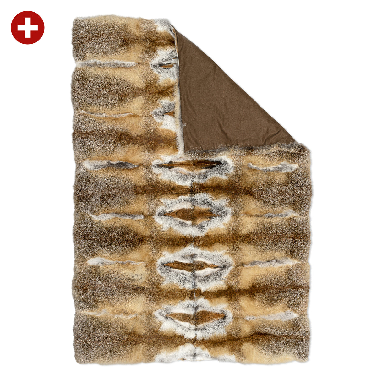 Neuenschwander Decke Schweizer Fuchsfell braun beige meliert, Vorderansicht, eine Seite offen