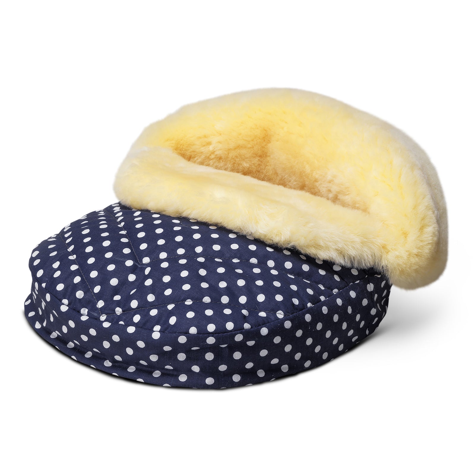 Neuenschwander Fusswärmer Lammfell dunkelblau weiss gepunktet, heruntergeklappt