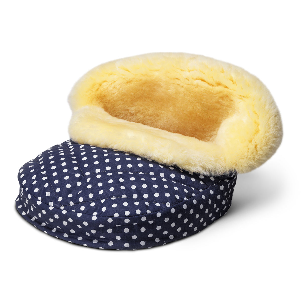 Neuenschwander Fusswärmer Lammfell dunkelblau weiss gepunktet, Rand hochgeklappt