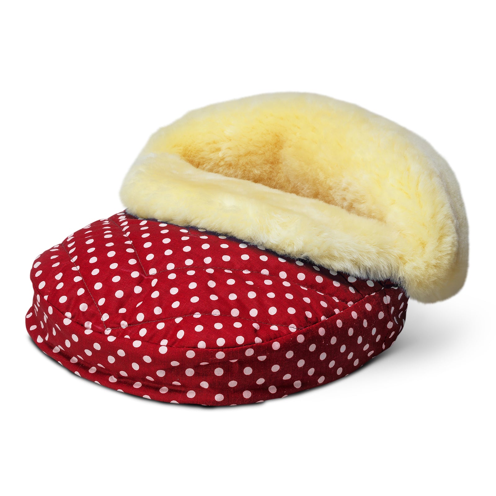 Neuenschwander Fusswärmer Lammfell dunkelblau weiss gepunktet, heruntergeklappt