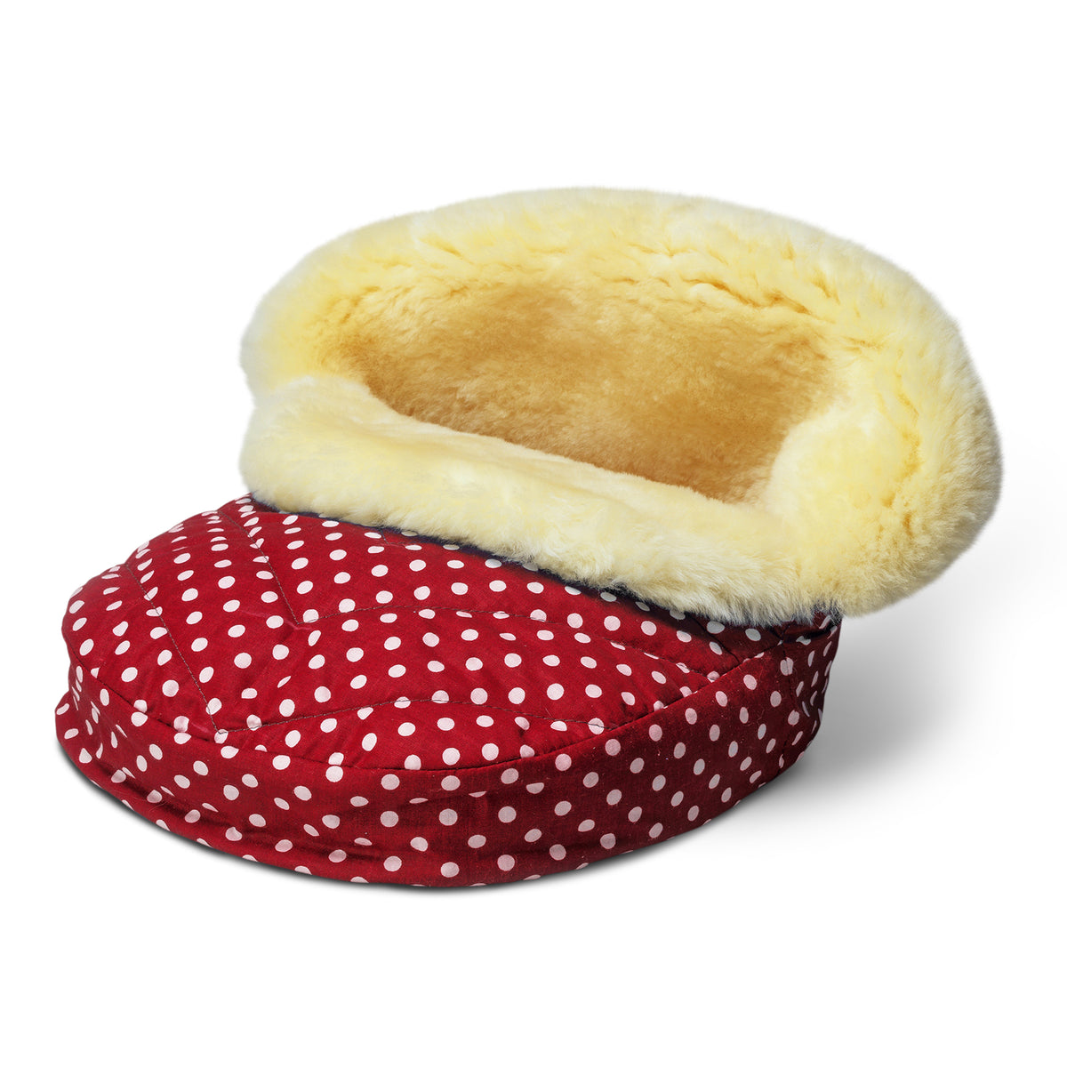 Neuenschwander Fusswärmer Lammfell rot weiss gepunktet, Rand hochgeklappt 