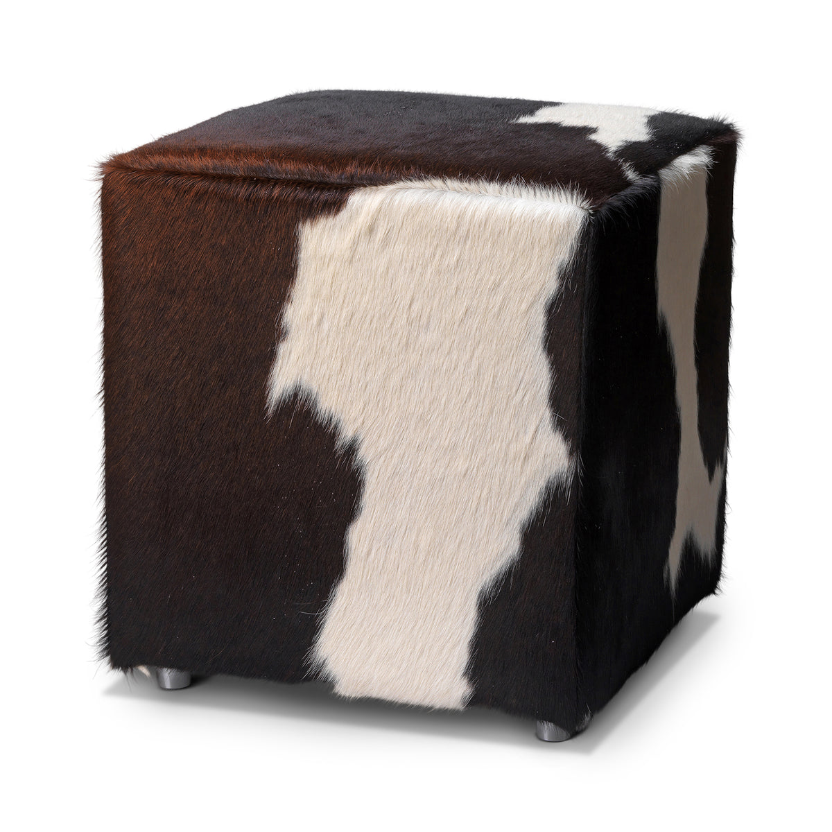 Neuenschwander Hocker Kuhfell dunkelbraun weiss, Vorderansicht