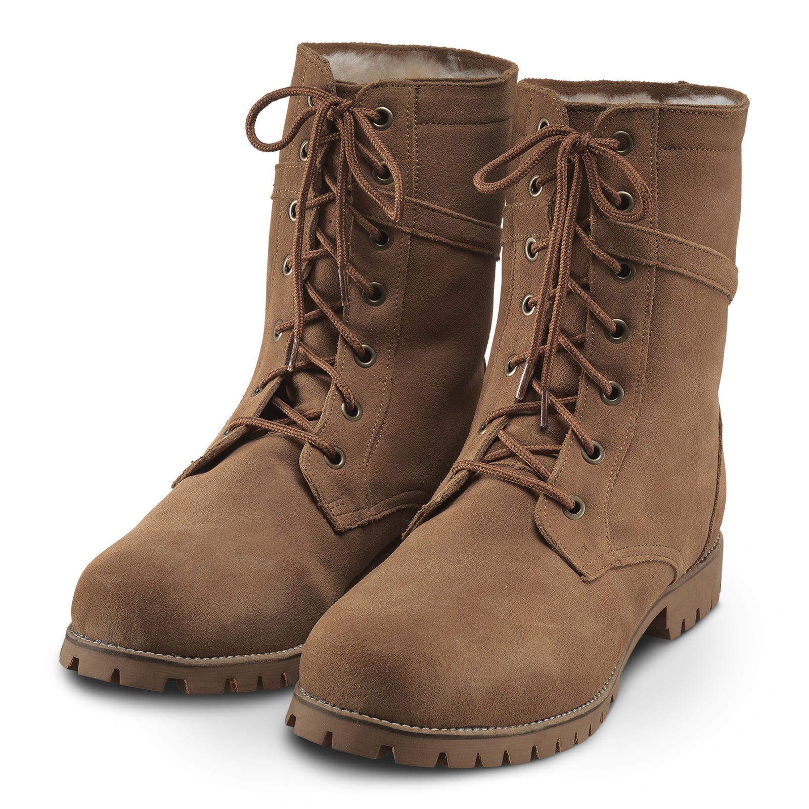 Neuenschwander Lammfell Stiefel Schnürstiefel braun beige Vorderansicht