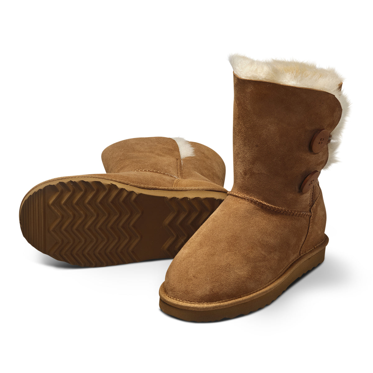 Neuenschwander Lammfell Stiefel Gummisohle braun beige Vorderansicht