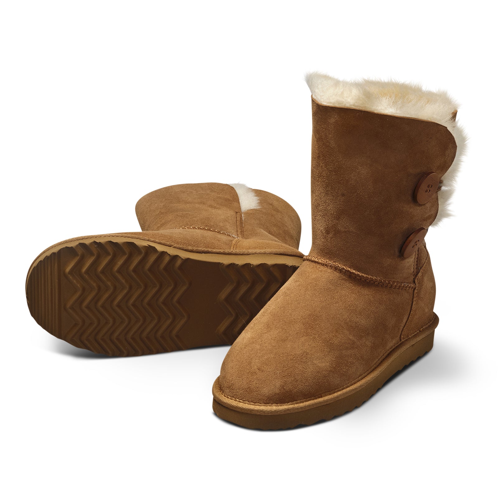 Neuenschwander Lammfell Stiefel Gummisohle braun beige Vorderansicht