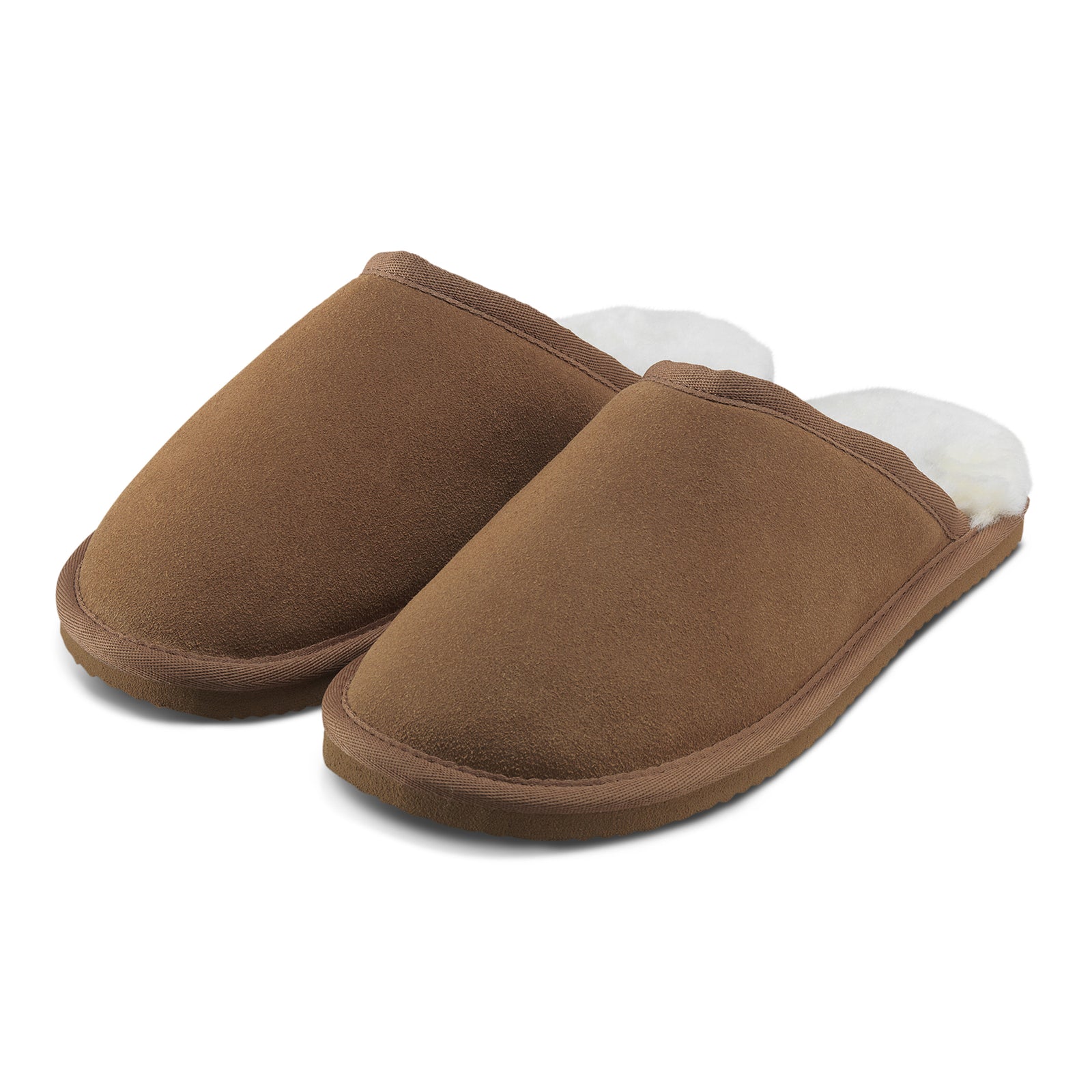 Neuenschwander Hausschuhe Lammfell braun, Unteransicht und Vorderansicht